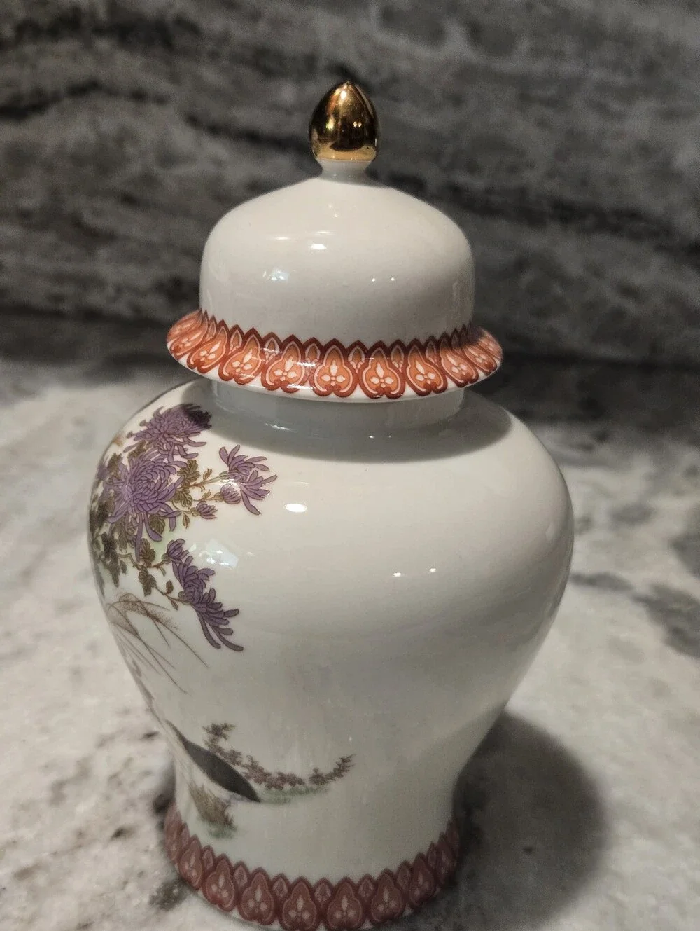 Hand-Painted Orange & Lavender Floral Ginger Jar with Gold-Tipped Lid